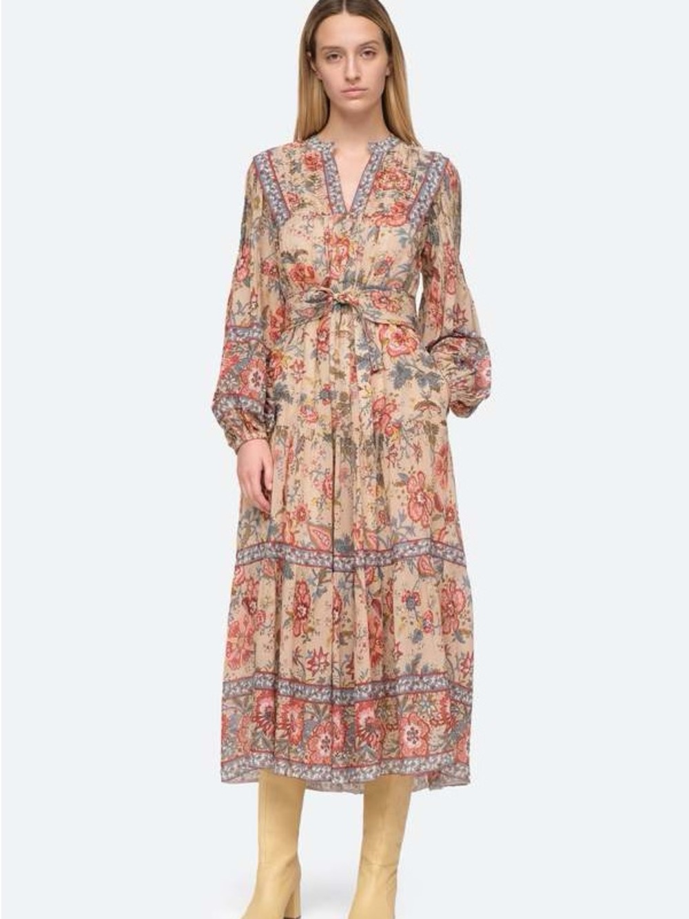 Sea Floral Tess Long Sleeve Maxi Dress in Cream, Pink, and Blue